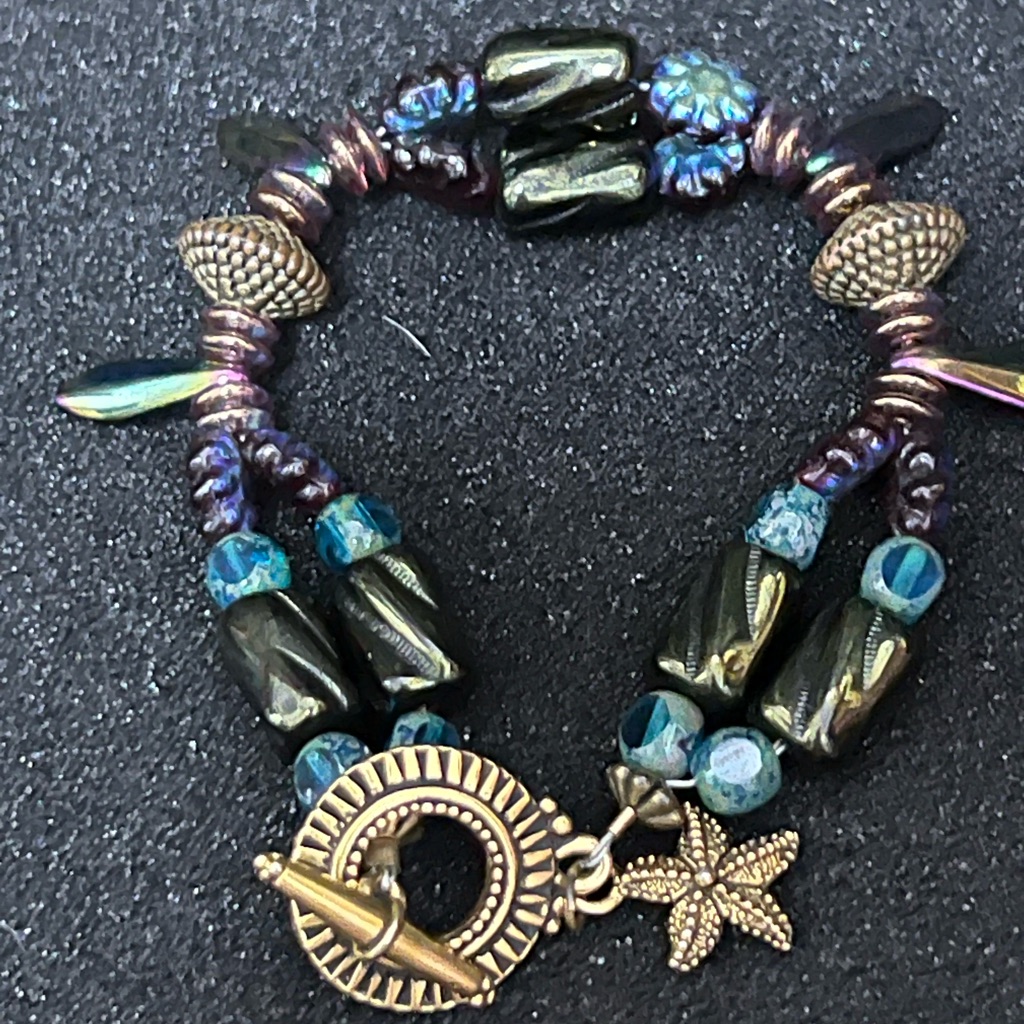Elegant Black, Blue, Greens, Purple Silver Star Fish Beaded Bracelet